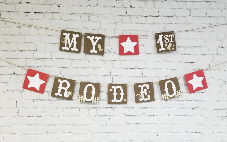 Brown and red My First Rodeo banner