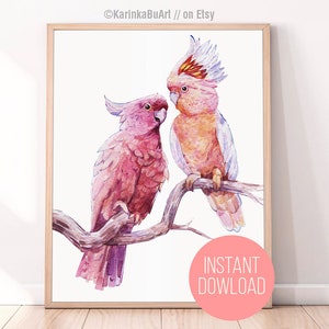 Watercolor Cockatoo Parrot clipart printable poster. Tropical Illustration Australian nature print. Bird illustration, bird poster, bird watercolor, classic watercolor, classical painting macaw tropical, Mother's Day, parrot painting