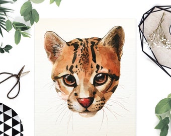 May include: Watercolor painting of an ocelot, a wild cat with a spotted coat, looking directly at the viewer. The painting is done in shades of brown, orange, and black.