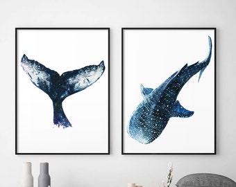 Gallery wall set Whale print Whale shark print Whale art Whale tail print Watercolor whale shark painting