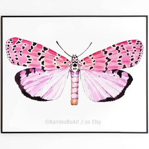 May include: Watercolor painting of a pink and black butterfly with intricate patterns on its wings. The butterfly is set against a white background.