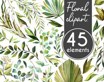 45 Floral elements Clipart Forest Leave Boho clipart Flower Watercolor clipart Wedding Invitation png tropical wallpaper Fern Clipart