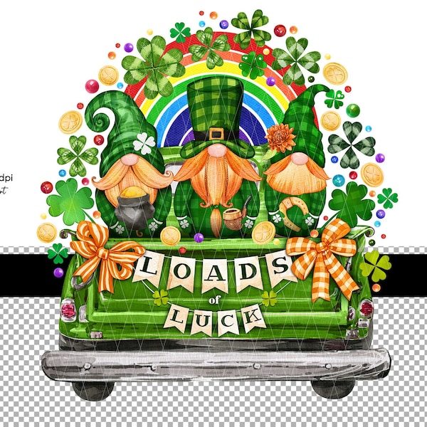 St. Patrick's Day gnome clipart Sublimation designs. Watercolor gnomes Watercolor clipart Truck Full Of Luck Gnome Sublimation Clipart