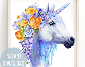 Watercolor unicorn clipart The last unicorn wall decal Floral clipart unicorn gift printable digital download wall art Unicorn horn