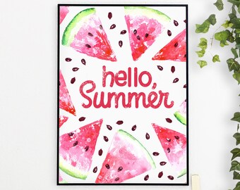 Watercolor Watermelon art Hello Summer quotes Poster kitchen printable quotes Watercolor painting digital download wall art Watercolor Print