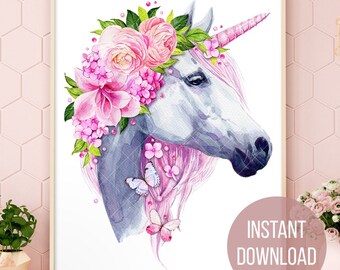 Watercolor unicorn clipart The last unicorn wall decal Floral clipart unicorn gift printable digital download wall art Unicorn horn