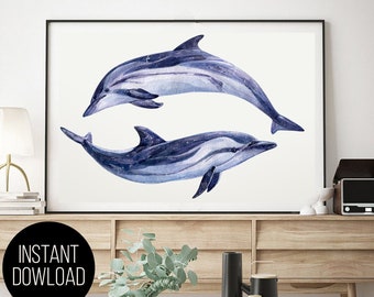 Watercolor Dolphin png Watercolor Dolphin art print Wall decor Watercolor clipart Nautical decor Seaweed Print Home decor whale shark