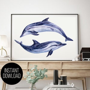 Watercolor Dolphin png Watercolor Dolphin art print Wall decor Watercolor clipart Nautical decor Seaweed Print Home decor whale shark