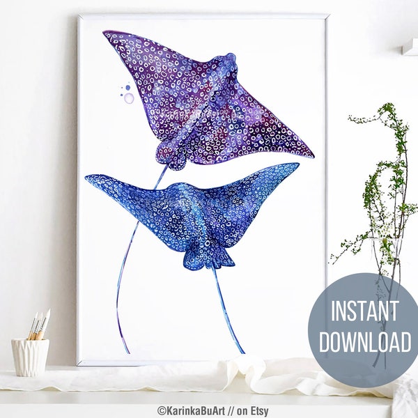 Manta ray art. Spotted eagle ray Watercolor print Wall decor Watercolor clipart Nautical decor Seaweed Print. Coastal Decor ocean art