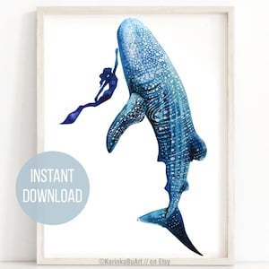 May include: A watercolor painting of a whale shark with a blue and white spotted pattern. A silhouette of a person is swimming next to the whale shark. The painting has a white background.