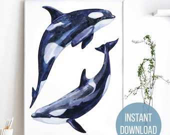 Orca Painting - Beautiful Killer Whale Watercolor Print, Coastal Sea Nautical Decor Poster | Orcinus Wall Art for Nursery & Wildlife Lovers