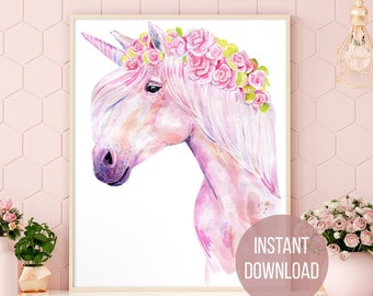 Watercolor unicorn clipart The last unicorn wall decal Floral clipart unicorn gift printable digital download wall art Unicorn horn