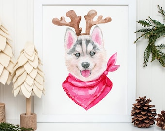 ハスキー犬の水彩画プリント、犬の肖像画 - Etsy 日本