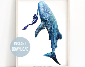 Whale shark painting Whale print Watercolor print Whale Poster Wall decor Watercolor clipart Nautical decor Seaweed Print Whale shark art