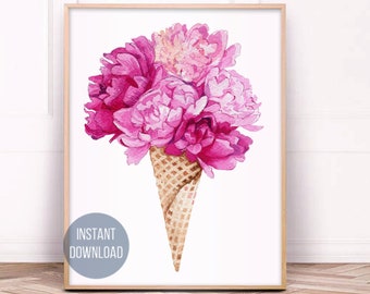 Watercolor Ice cream print, whimsical nursery ice cream drawing, Flowers cone art Ice cream wall art print Ice cream kitchen decor