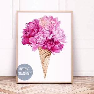 Aquarell Eiscreme Druck, wunderliche Eiscreme Zeichnung, Blumen Eistüte Kunst Eiscreme Wand Kunst Druck Eiscreme Küche Dekor