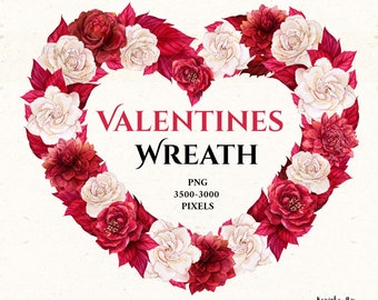 Love Valentines Day watercolor Wreath PNG clipart. Valentines sublimation designs Watercolor holiday clipart. Wedding invitation & decor