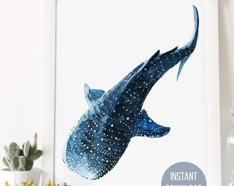Watercolor print of Whale shark painting Whale Poster Wall decor Ocean Watercolor clipart Nautical decor Seaweed Print Blue Beach art