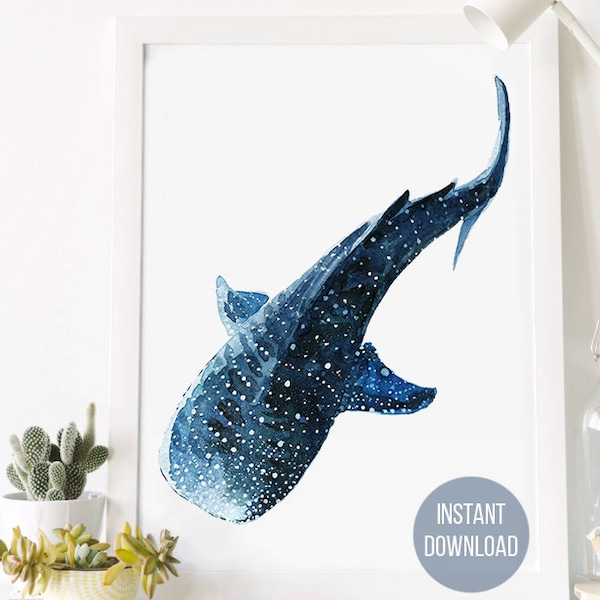 Watercolor print of Whale shark painting Whale Poster Wall decor Ocean Watercolor clipart Nautical decor Seaweed Print Blue Beach art