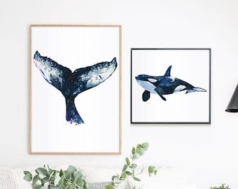 Gallery wall set Watercolor orca print Whale print Whale shark print Whale art whale tail print