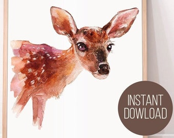 Baby Deer Printable Fawn print Woodland Nursery Gender Deer Nursery Art Print Watercolor Deer Painting Watercolor Print