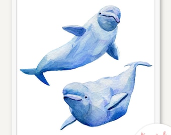 Ballena beluga apilada. Impresión de ballena. Impresión de acuarela. Póster. Decoración de pared. Arte marino. Clipart de acuarela. Decoración náutica. Ballena blanca.