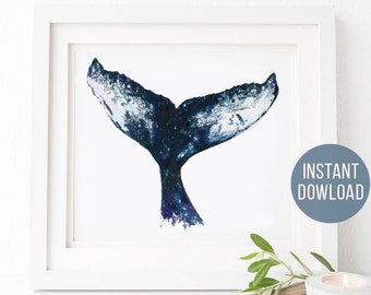 Whale tail print watercolor whale, whale painting, watercolor clipart, whale decor whale art whale poster Ocean Dorm Seaweed Beach Nautical