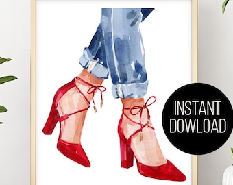 Fashion sketch Red shoes art print Shoes illustration Shoes Art decor Glam wall art shoe lover Watercolor painting fashion clipart art print