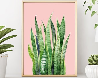 Watercolor Snake plant print Sansevieria poster Palm Leaf Print Large leaf blush poster print Botanical print art Watercolor clipart