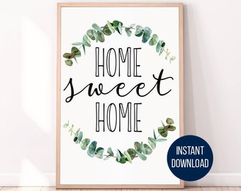 Eucalyptus print Home Sweet Home poster Entryway decor, gallery wall decor, printable quote, Printable Wall Art, eucalyptus leaves