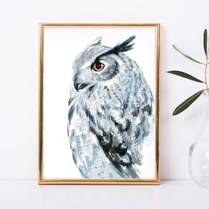 White owl print, snowy owl, owl hat, white owl decor, owl painting, owl poster, owl lover gift, owl wall art, barn owl gray art