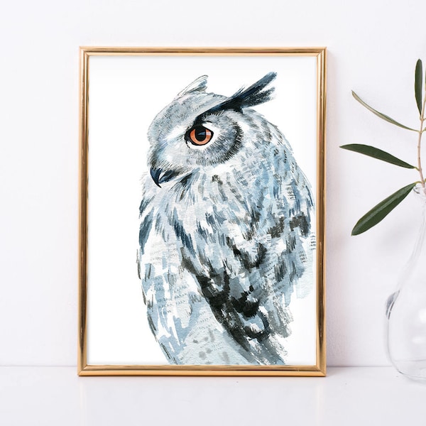 White owl print, snowy owl, owl hat, white owl decor, owl painting, owl poster, owl lover gift, owl wall art, barn owl gray art