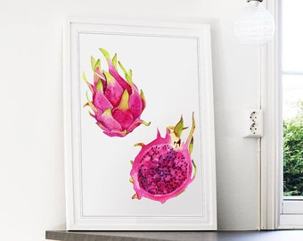 Watercolor Painting Dragon Fruit Illustration. Poster Pink Pitaya art print. Digital download printable wall art. Kitchen decor