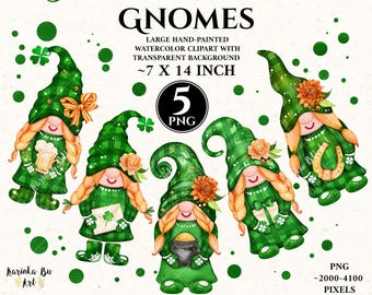 Graziosa clipart di gnomo di San Patrizio - Grafica stampabile per scrapbooking. Disegni a sublimazione. Gnomi verdi acquerellati. Arte natalizia irlandese.