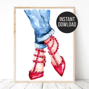 Fashion sketch Red shoes art print Shoes illustration Shoes Art decor Glam wall art shoe lover Watercolor painting fashion clipart heels Svg