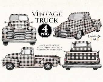 Watercolor vintage truck clipart.Rustic country chevy pickup,Empty retro farm ford truck.Vintage plaid pickup graphics,Digital download.PNG