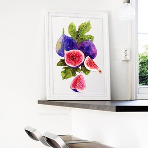 May include: A watercolor painting of figs. The painting features three whole figs and two fig halves, all with a purple exterior and pink interior. The figs are surrounded by green leaves.