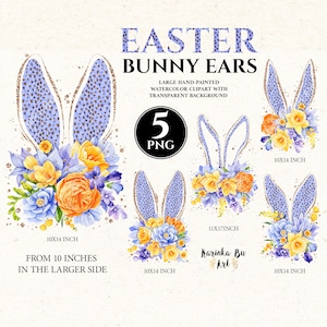 Puede incluir: Cinco ilustraciones digitales de orejas de conejo de Pascua con acentos florales. Las orejas son azules con purpurina dorada y las flores son amarillas, naranjas y moradas. Las ilustraciones están sobre un fondo blanco. El texto "Easter Bunny Ears" y "5 PNG" también se incluye en la imagen.