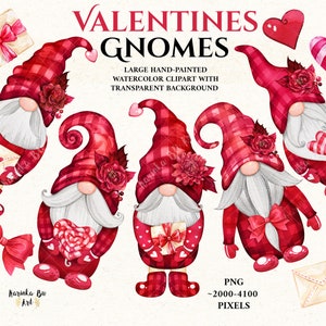 Gnomos para o Dia dos Namorados. Desenhos de sublimação. Gnomos em aquarela. Clipart em aquarela.