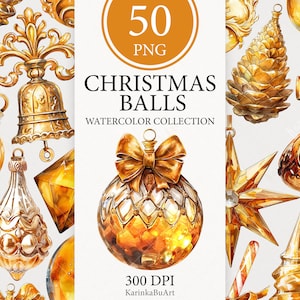 Gold Christmas Ornaments Clipart Bundle, Christmas Balls PNG, Ornaments Clipart, Christmas Card Clipart Christmas Wall Art, Commercial Use