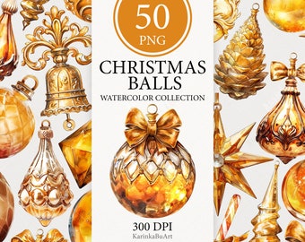 Gold Christmas Ornaments Clipart Bundle, Christmas Balls PNG, Ornaments Clipart, Christmas Card Clipart Christmas Wall Art, Commercial Use