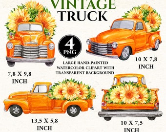 4 Watercolor clipart Vintage Orange Chevy pickup truck Sunflowers bouquets Wreath png Sublimation designs. Farm clipart Old truck watercolor