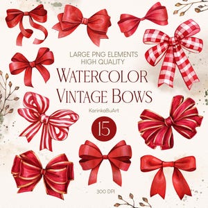 Puede incluir: Conjunto de 15 lazos vintage de acuarela en rojo y blanco. Los lazos son de varios estilos y tamaños, perfectos para agregar un toque de encanto vintage a tus proyectos.