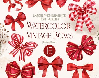 May include: Set of 15 watercolor vintage bows in red and white. The bows are in various styles and sizes, perfect for adding a touch of vintage charm to your projects.