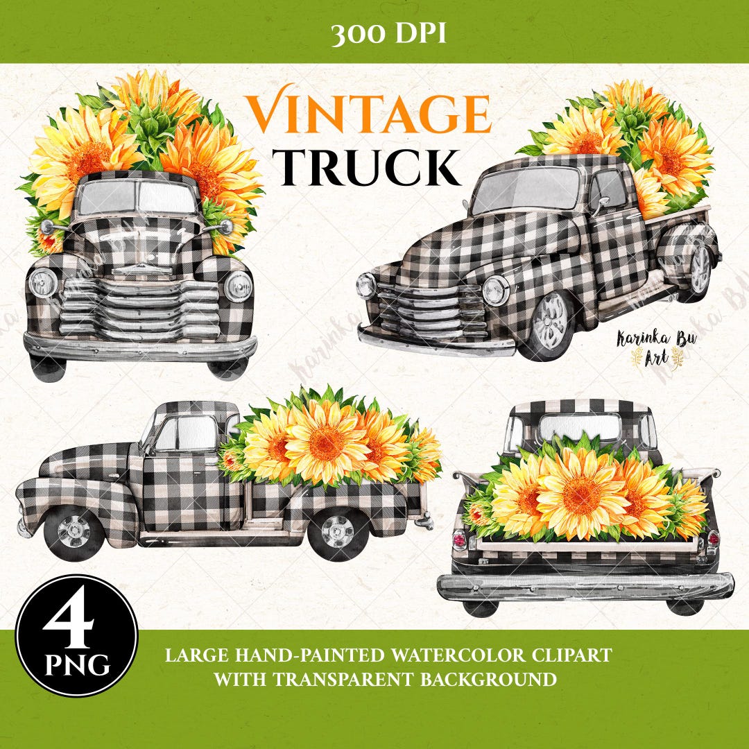 Watercolor Vintage Plaid Pickup Truck With Sunflowers Bouquets Clipart ...