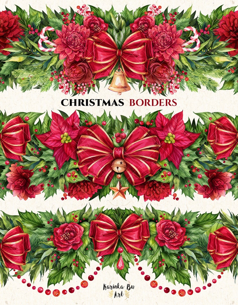 Christmas garland PNG clipart. Christmas decor border Watercolor clipart. Colorful Christmas Floral garland. Christmas border clipart image 2