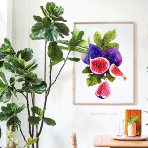 May include: Watercolor painting of a bunch of purple and pink figs with green leaves. The painting is framed and hanging on a white wall.