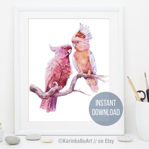 Watercolor Cockatoo Parrot clipart printable poster. Tropical Illustration Australian nature print. Bird illustration, bird poster, bird watercolor, classic watercolor, classical painting macaw tropical, Mother's Day, parrot painting