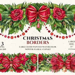 Christmas garland PNG clipart. Christmas decor border Watercolor clipart. Colorful Christmas Floral garland. Christmas border clipart image 1