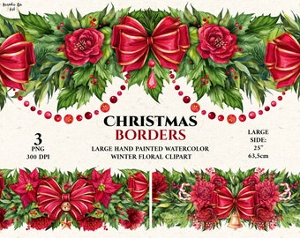 May include: Three watercolor Christmas border designs featuring red bows, red roses, holly, and red berries. The borders are 25 inches long and 63.5 centimeters wide.
